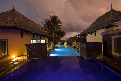 Villa with pool at night in Mauritius